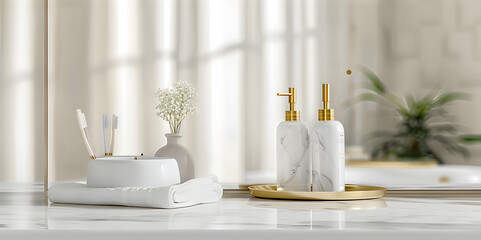 A luxurious toiletries set is placed on a luxury white marble tabletop in a white bathroom.