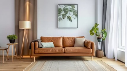 Cozy modern living room interior have leather sofa and decor accessories.