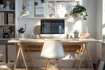 A desk in minimalist home office. Generative AI.