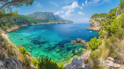 Scenic coastal landscape with clear turquoise waters, rocky cliffs, lush green vegetation, and boats on the sea under a bright blue sky with clouds.