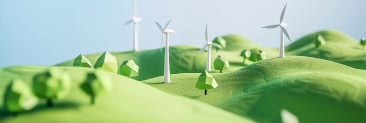 A close-up shot of a miniature papercraft landscape with wind turbines and trees. Green trees and stylized landscape landscape is made of paper