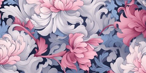 Botanical foliage flowers plant pink and blue pattern decoration
