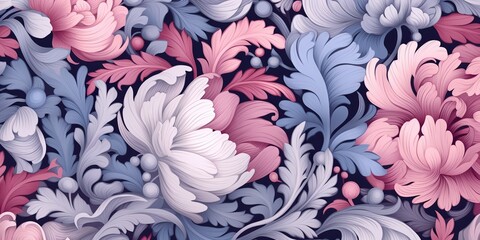 Botanical foliage flowers plant pink and blue pattern decoration