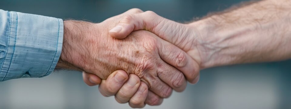  A tight shot of two people shaking hands, palms facing up and atop one another
