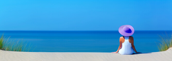 Woman in white summmer outift and purple hat sitting on sand dune, overlooking calm blue ocean. Relaxation and vacation concept.
