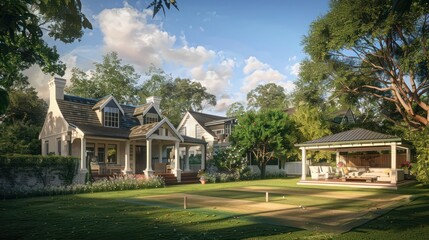 Suburban Colonial home with a backyard cricket pitch, complete with a pavilion for spectators and a traditional English garden setting