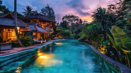 Obraz premium Expensive private villa with a lit swimming pool at dusk, surrounded by lush gardens.