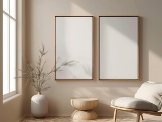 Frame mockup in contemporary minimalist beige room interior, Generative Ai.