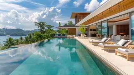 Fototapeta premium Experience the epitome of luxury in this stylish living space with a breathtaking pool overlooking picturesque scenery. 