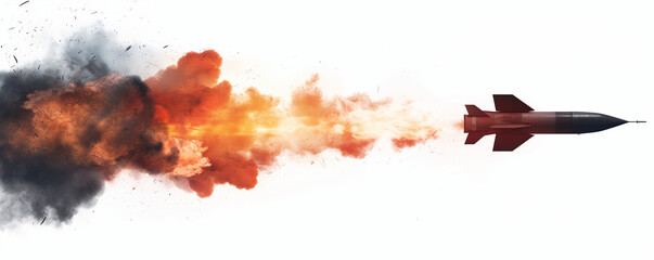 Obraz premium 3D black missile with fire flying isolated on white background Military Advanced Technology Concept