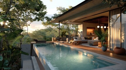 Fototapeta premium Experience the epitome of relaxation in this tranquil paradise featuring a stylish living space seamlessly connected to a breathtaking pool. 