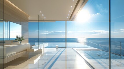 Fototapeta premium Experience the serenity of nature in this spacious bathroom retreat featuring a glass wall that offers stunning views of the sun-drenched blue sky and glistening sea. 