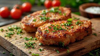 Fried pork cutlets on wooden cutting board with herbs and tomatoes