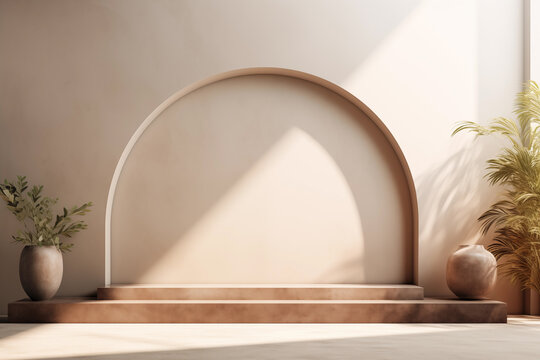 Modern minimalist arch display platform for presentation. A simple elegant smooth interior shapes with soft shadows in a room bathed in natural light, highlighting the minimalistic design.