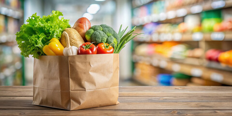 Paper shopping bag filled with fresh groceries on a wooden table in a supermarket background