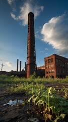 Amidst clear blue sky, towering, rusted smokestack dominates foreground, flanked by dilapidated brick building. Nature reclaims area.