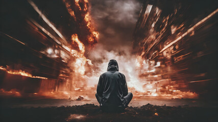 Silhouette of depressed man. Silhouette depressed man behaving sadly. Sad man suffering depression insomnia awake and sit alone on the bed in bedroom. AI generated image, ai..