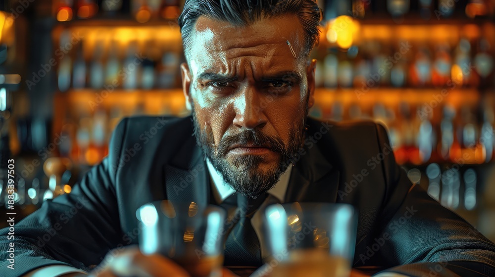 Poster A man with small beard slicked angry wearing a suit in a high end bar. Generative AI.