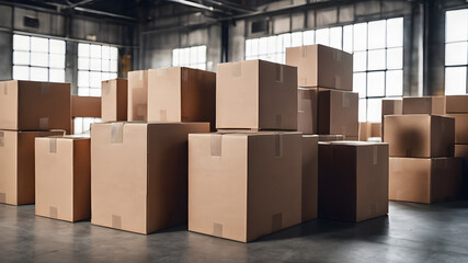 Cardboard boxes in the warehouse, logistic center. Warehouse filled with cardboard. cardboard boxes, Huge pile of cardboard boxes. AI generated image, ai.