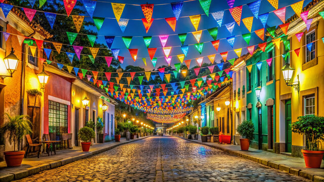 Vibrant summer night scene of a Brazilian city street decorated with colorful garlands, lanterns, and traditional Festa Junina elements, evoking a festive atmosphere.