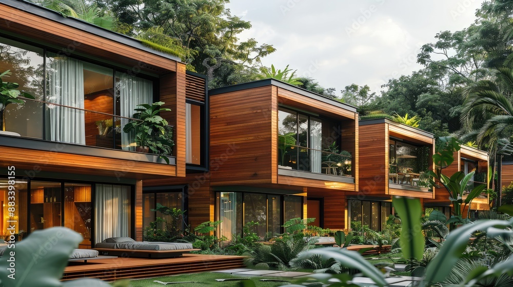 Aufkleber greenery surrounds a row of modern wooden houses with large windows. generative ai.