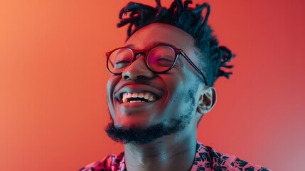 The retro wave or synth wave portrait of a young happy serious african man at studio. High Fashion male model in colorful bright neon lights posing on black background. Art design concept. 