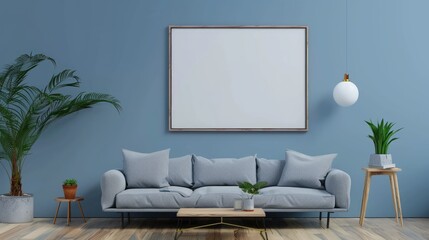 Frame mockup, gray sofa and wooden table in living room interior, Generative Ai.