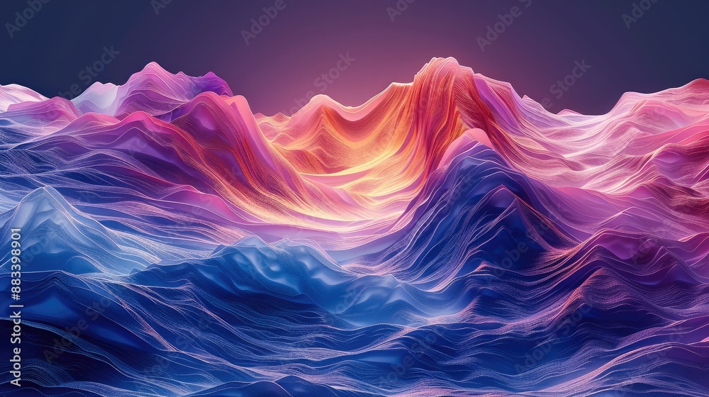 Aufkleber 3D render of an abstract landscape with surreal mountains, fluid hills, and triangular melting valleys, dark background, gradient colors. Generative AI.