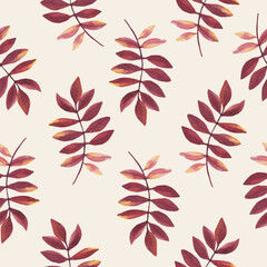 Watercolor pattern with autumn leaves on a light beige background. Vector seamless design for textile, wallpaper, and print.