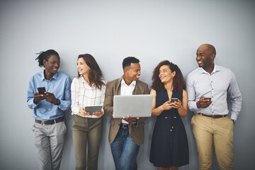 Laptop, tablet and line of business people in office for hiring, job interview and networking....