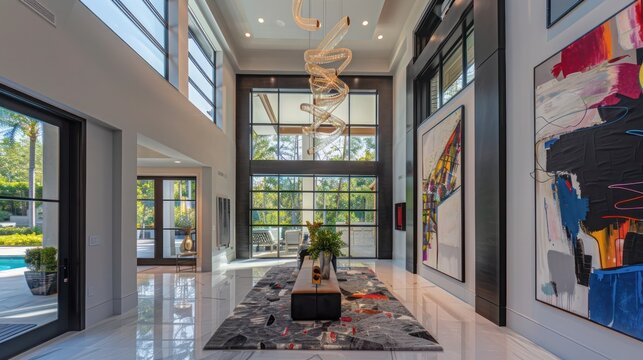 Entryway of a Suburban Modern home featuring a high ceiling, abstract art, and a statement chandelier
