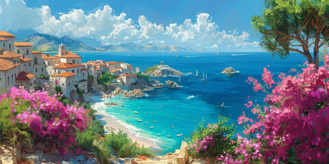 oil pain ting style illustration of beautiful Mediterranean seascape coastal paradise with flower blossom, top hill small town with pink bougainvillea flower blossoming