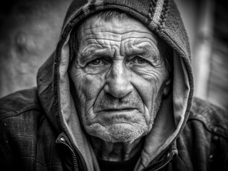 A weathered, black and white portrait of an elderly man's worn, aged face, set against a blurred background, wearing a hooded jacket, exuding wisdom and resilience.