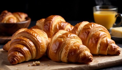 Fresh Baked Golden Croissants: Flaky French Pastries on Rustic Wooden Board