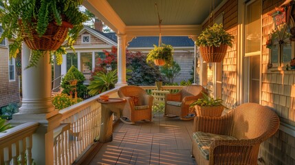 Fototapeta premium Front porch of a Suburban Cape Cod home, adorned with hanging plants and wicker furniture, morning light