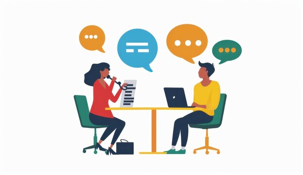 A flat vector illustration of two people talking over the phone, one person holding out an application form and another sitting at their laptop with speech bubbles above them Generative AI