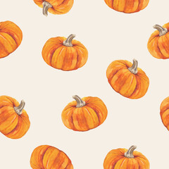 Orange pumpkins seamless pattern on a beige background. Autumn and harvest concept hand drawn vector illustration for textile, wallpaper, print, banner, greeting card, invitation