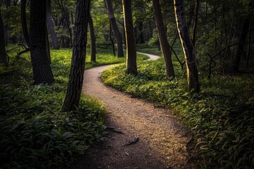 Fototapeta premium Sandy trail winding through a twilight forest, ethereal light and shadows, serene and magical setting