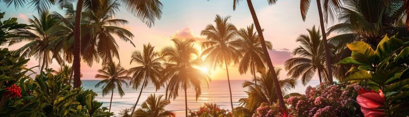 Sunset glow illuminating an open tropical paradise, lush palms and vibrant flowers, tranquil and enchanting scene