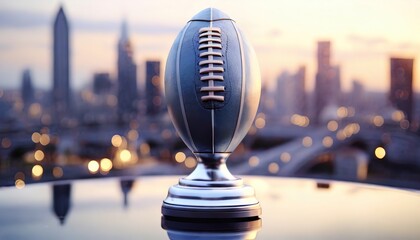 A trophy with a rugby ball design stands before a cityscape at dusk. Symbol of sportsmanship and victory. An American football.