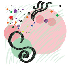 Abstract artwork of swirling lines, overlapping circles, and vibrant colors. Art composition pattern, shades of green, red, pink, hand drawn shapes and patterns, dynamic wall decor