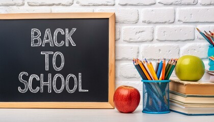 A back to school written on a small chalkboard on a table along with an apple and pencils