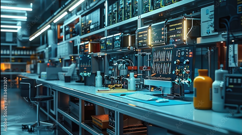 Leinwandbilder a workbench in a warehouse or laboratory, equipped with tools for biotechnology, embedded systems, a