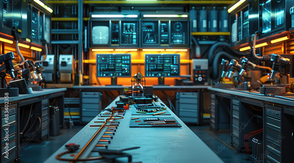 Poster a workbench in a warehouse or laboratory, equipped with tools for biotechnology, embedded systems, a