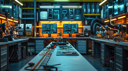 Fototapeta premium A workbench in a warehouse or laboratory, equipped with tools for biotechnology, embedded systems, and software development. Generative AI.