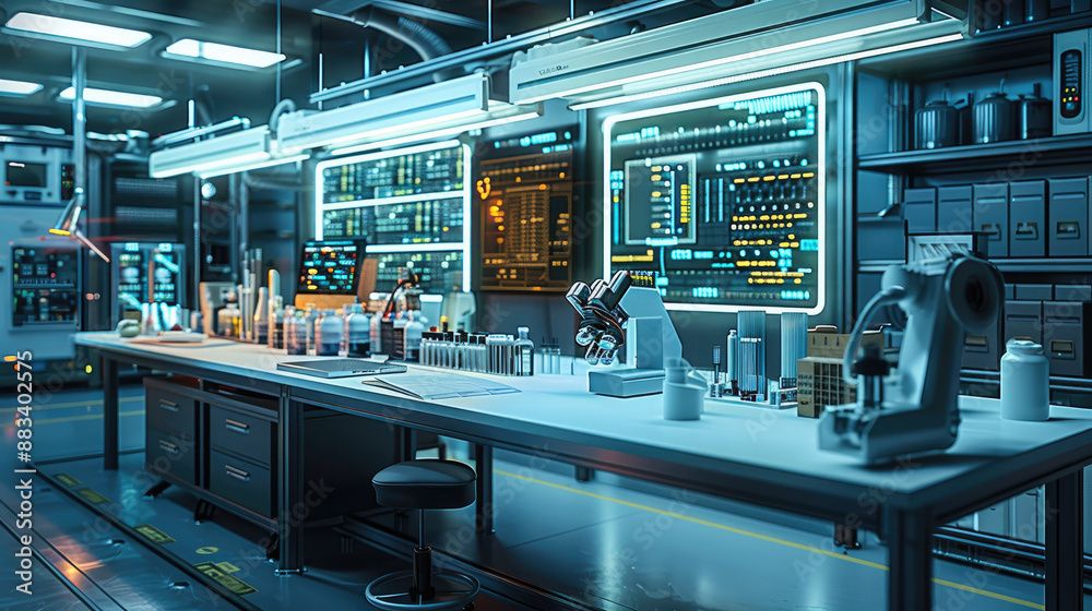 Poster a workbench in a warehouse or laboratory, equipped with tools for biotechnology, embedded systems, a