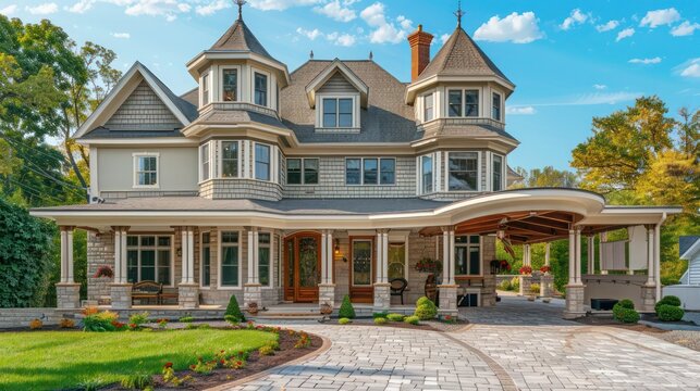 Suburban Victorian home with an elegant porte-cochere, providing covered access from the driveway to the front door and adding a touch of grandeur