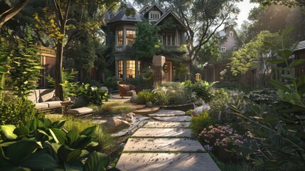 Suburban Victorian home with a series of hidden nooks throughout the garden, each designed as a small retreat with seating and surrounded by lush plantings