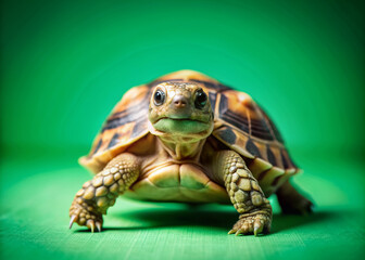 Fototapeta premium Adorable young tortoise sits upright on green studio background, fixating on camera lens with curious eyes, ideal for pet shop advertising and promotional materials.