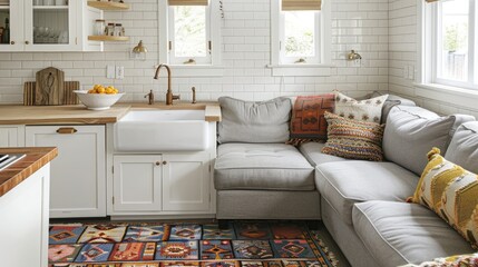 Family-friendly living room with inviting kitchen, farmhouse sink, butcher block countertops, white subway tiles, sectional sofa, colorful rug.